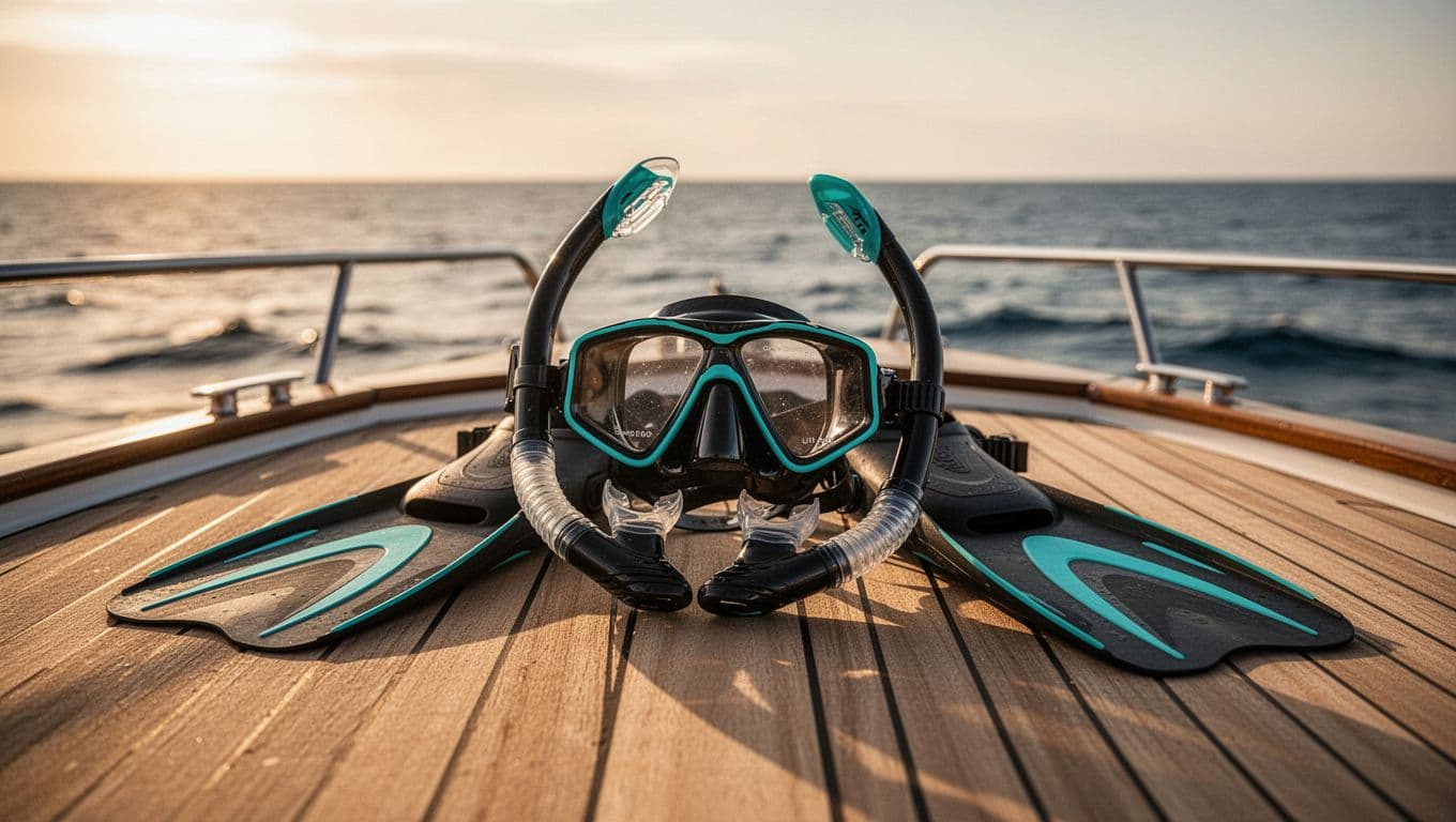 Selection of snorkel mask, tube, and fins neatly arranged on a wooden boat deck with ocean horizon background and dramatic golden hour lighting.