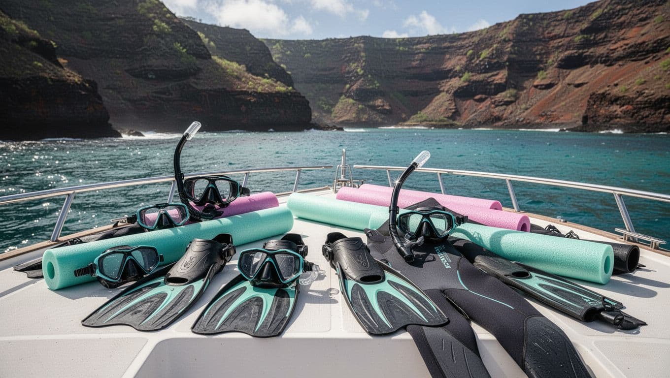 Snorkel masks, fins, wetsuits, and noodles arranged on boat deck with turquoise ocean and Kealakekua Bay cliffs background.