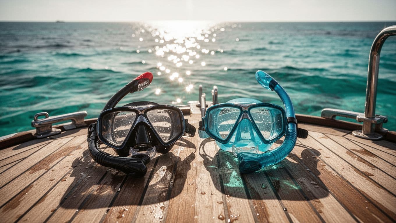 Snorkel gear rests on a boat deck overlooking the bright blue ocean.