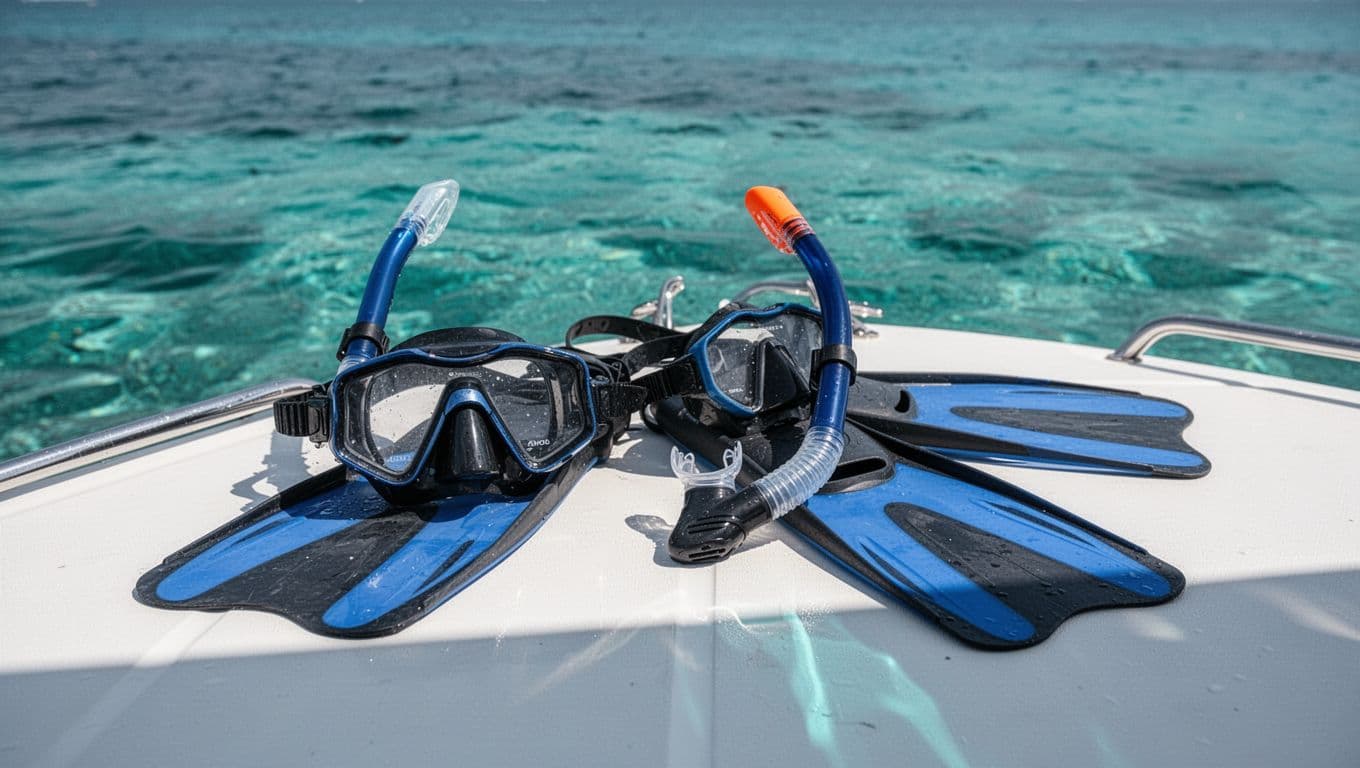 Snorkel mask, tube, and fins arranged on a boat deck beside turquoise water.