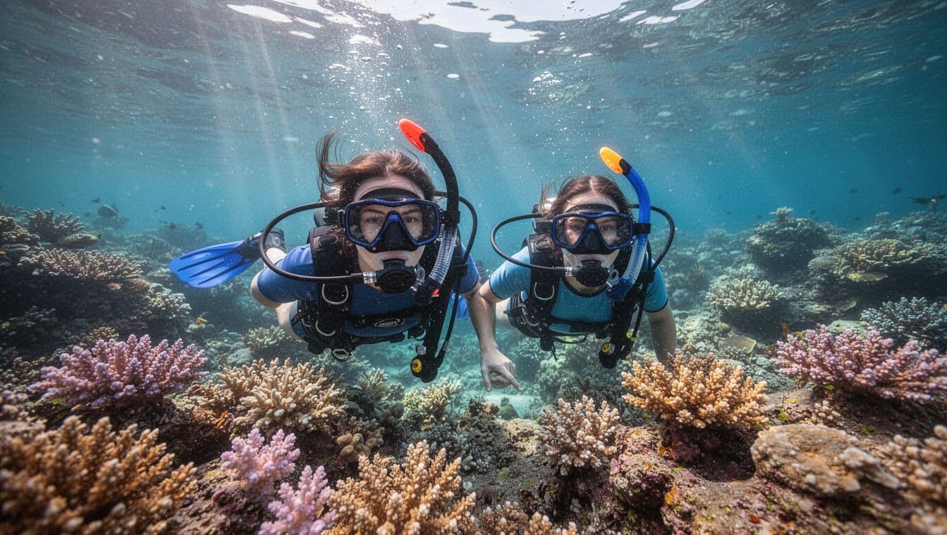Snorkel equipment floating over a colorful coral reef in clear tropical water.