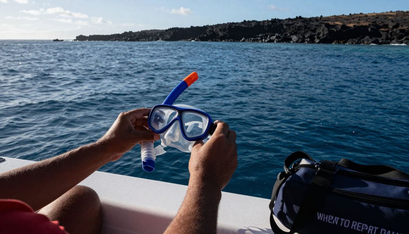 An ocean guide checks a snorkeling mask beside a gear bag on a Kona dock.