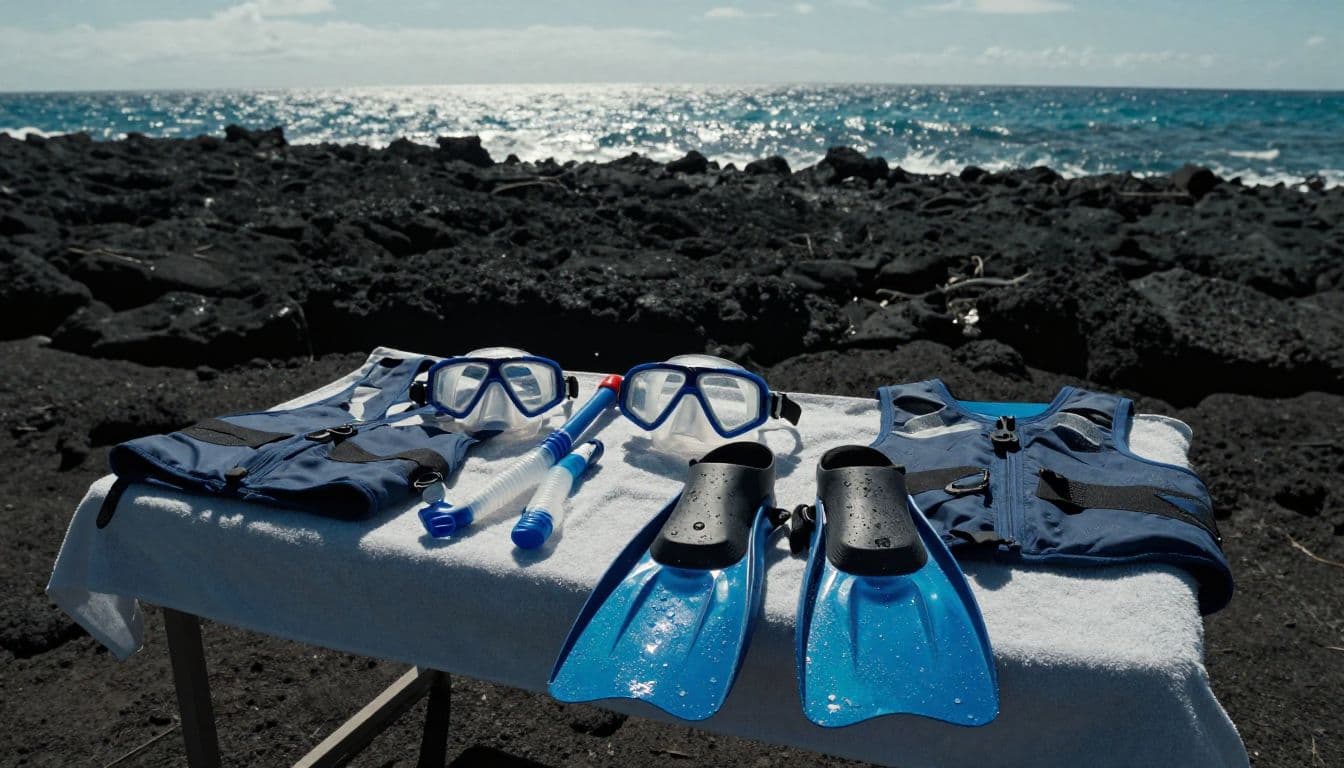 Snorkeling gear dries on a rack and towel beside the Kona ocean.