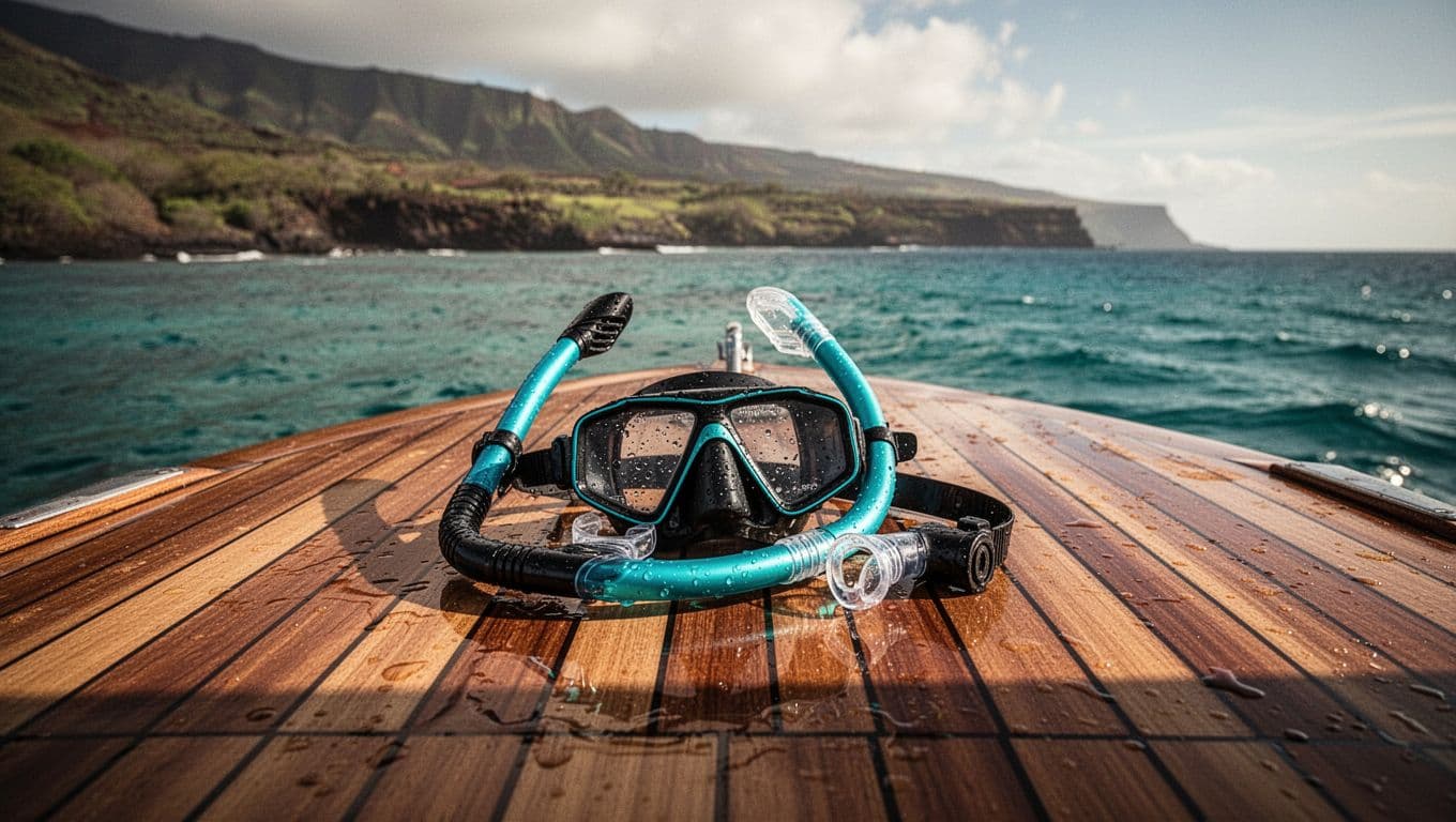 Snorkel gear on a boat deck overlooking the sunny Kona coast.