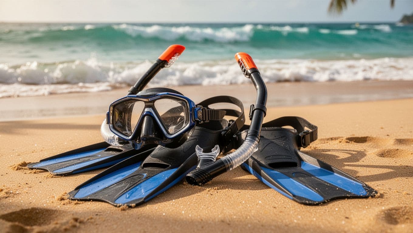 A set of snorkel mask and fins rests on sandy beach sand with turquoise waves behind.