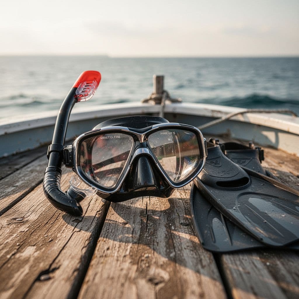A snorkel mask and fins sit on a wooden boat deck overlooking a blurred ocean horizon.