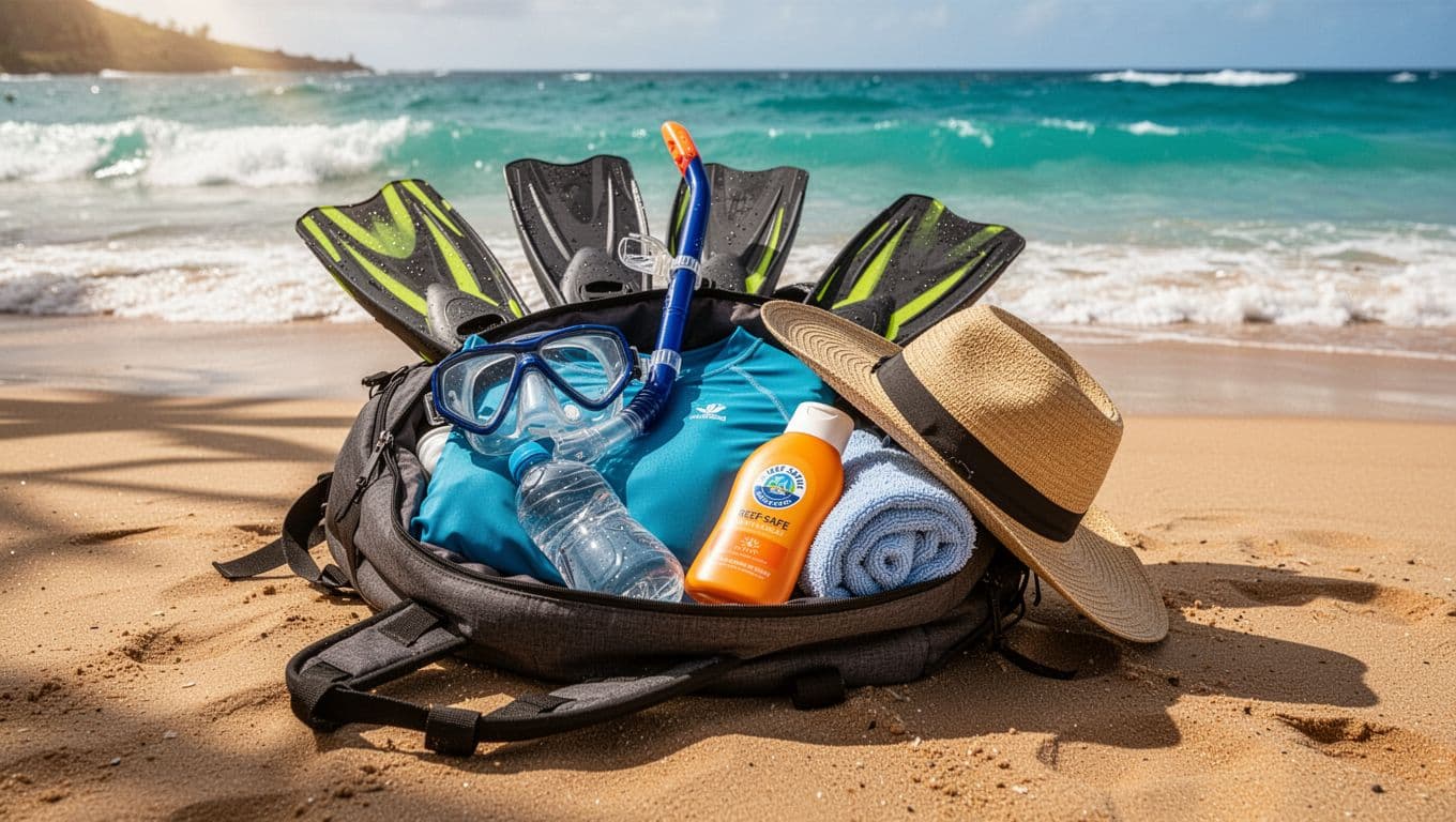 A neatly packed open backpack on a sunny Hawaiian beach near turquoise ocean waves contains snorkel mask, fins, rash guard, sunscreen, water bottle, towel, and hat. Cinematic style with dramatic lighting and strong contrast.