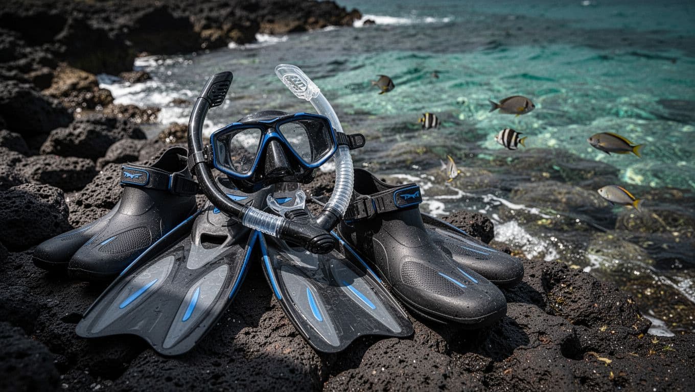 Close-up of mask, fins, snorkel, and booties on volcanic rocks with lapping clear water and nearby tropical fish.