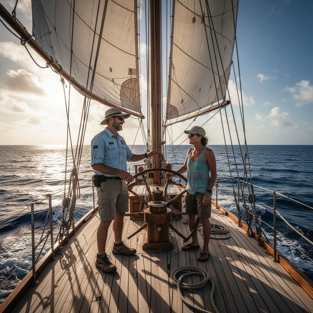 A professional boat guide helps a guest on the deck of a boat with a tropical ocean background.