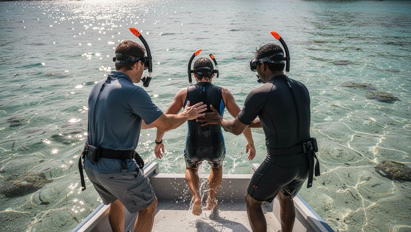 A boat guide holds the hand of a passenger entering clear shallow water from a vessel.