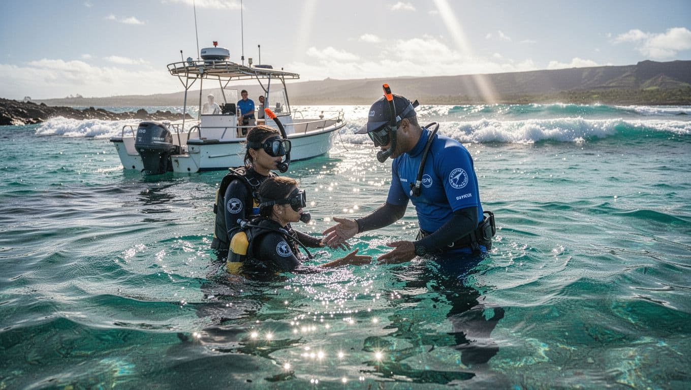 A certified guide in a blue uniform steadies a guest wearing snorkel gear near the side of a boat in Kealakekua Bay. Bright sunlight reflects off the sparkling cyan ocean waves.