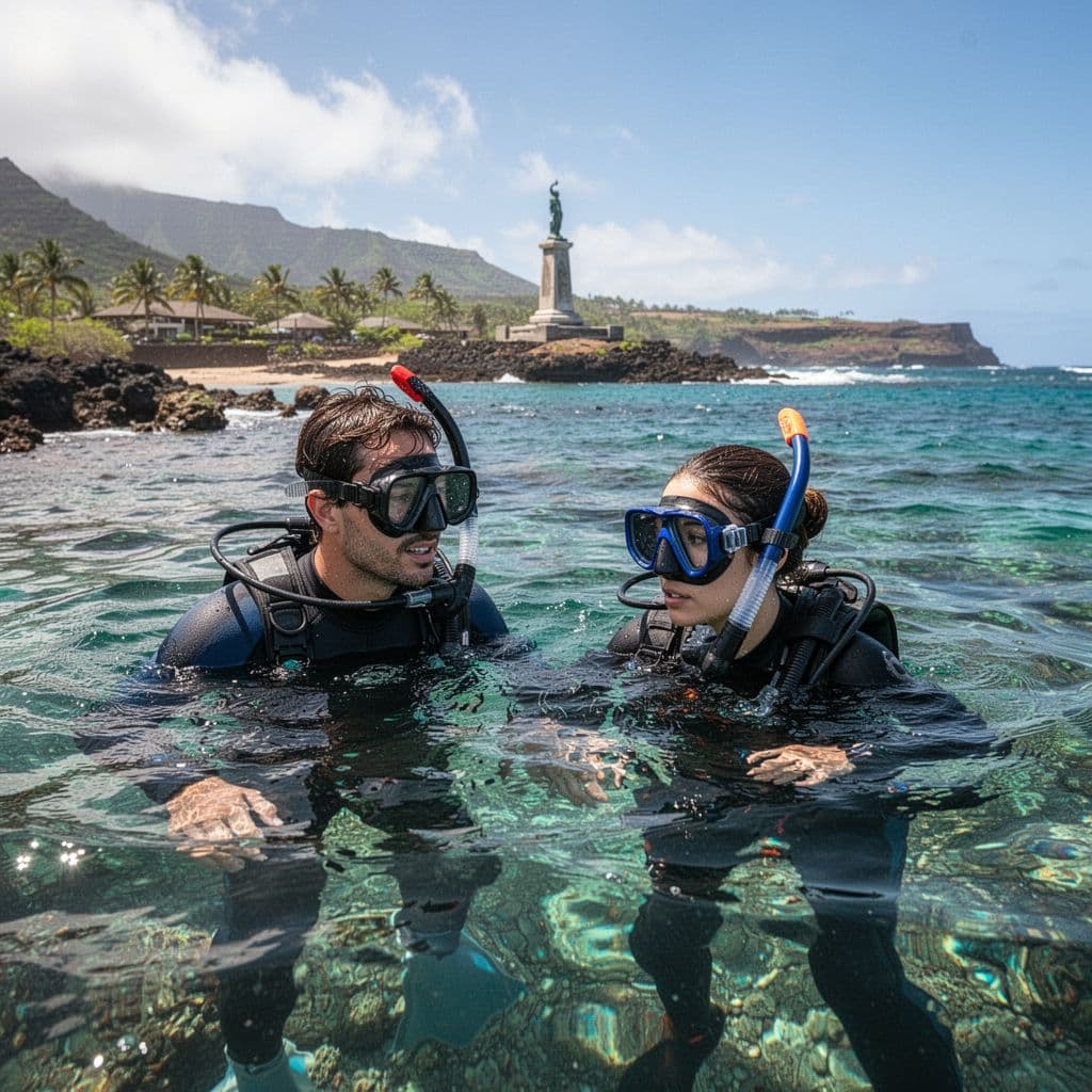 A snorkeling guide watches over a guest in the clear blue waters of Kealakekua Bay.