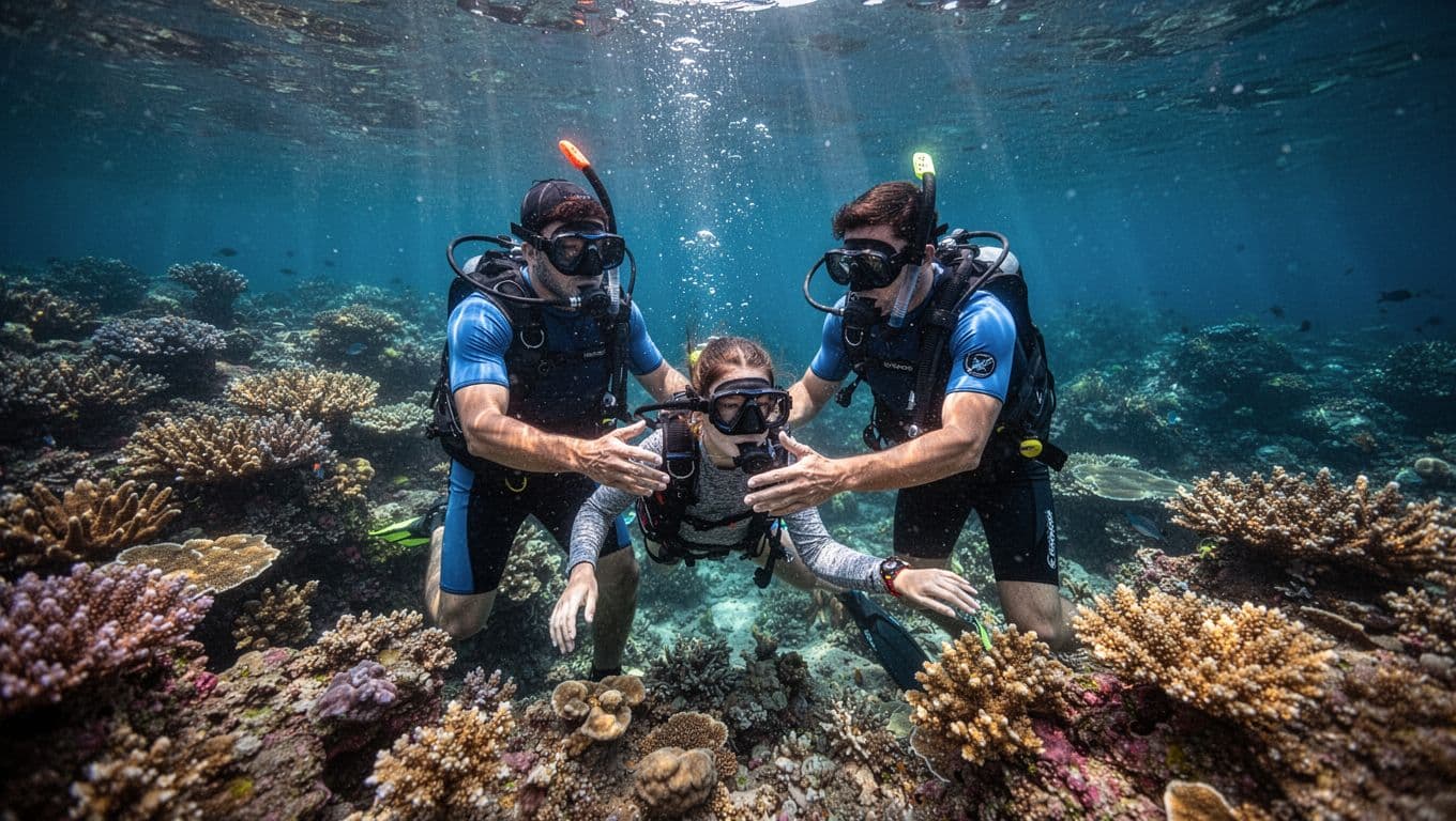 An experienced guide helps a guest snorkel safely near a vibrant, sunlit coral reef.