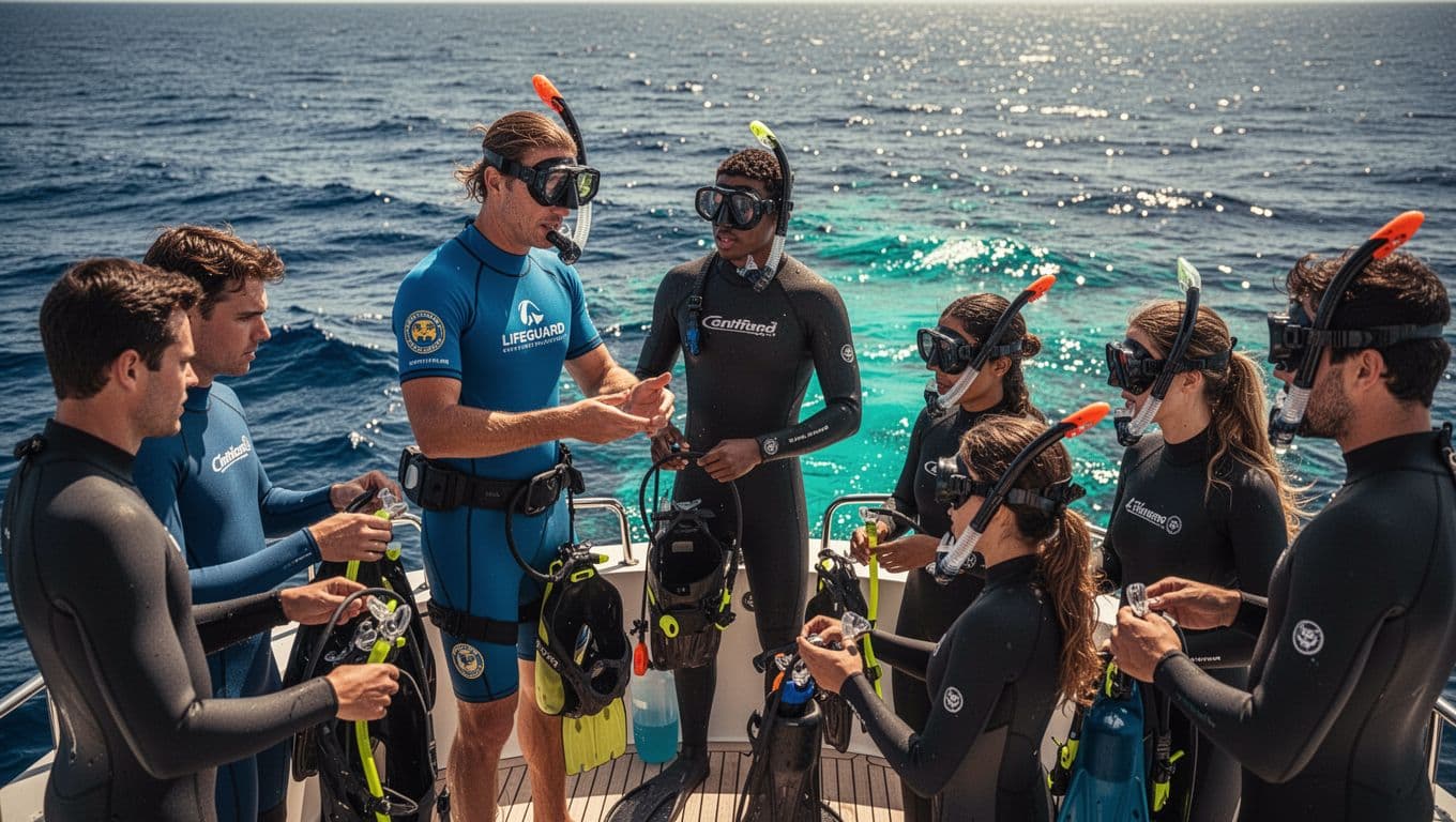 A professional lifeguard guide wearing gear stands on a boat deck, carefully adjusting a snorkel mask for a guest. Other travelers wait nearby under warm sunlight against a deep blue ocean.