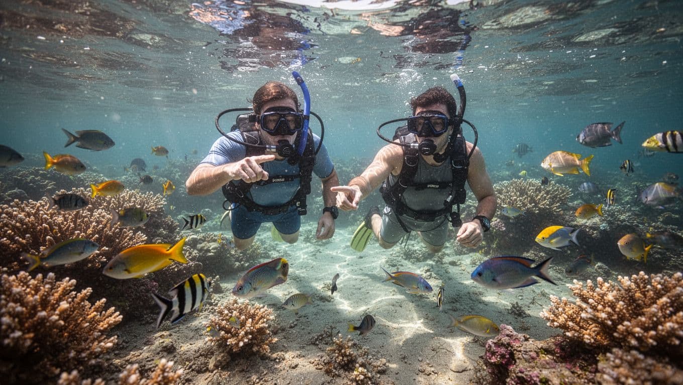 A professional guide points toward colorful fish for a swimmer in shallow Hawaiian reef waters. Vibrant coral formations span the sandy seabed below the clear turquoise surface under bright sunlight.