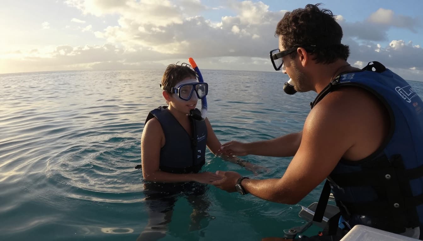 Snorkel guide assists beginner descending boat ladder into calm Oahu bay.