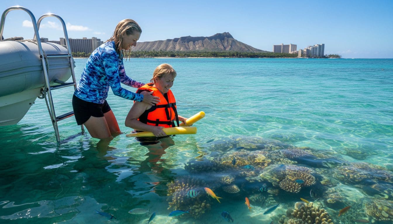 A professional snorkel guide in rash guard gently assists a smiling non-swimmer adult wearing a life jacket and noodle from a boat ladder into calm shallow ocean water near Waikiki reef, with vibrant coral and fish visible below on a sunny day.