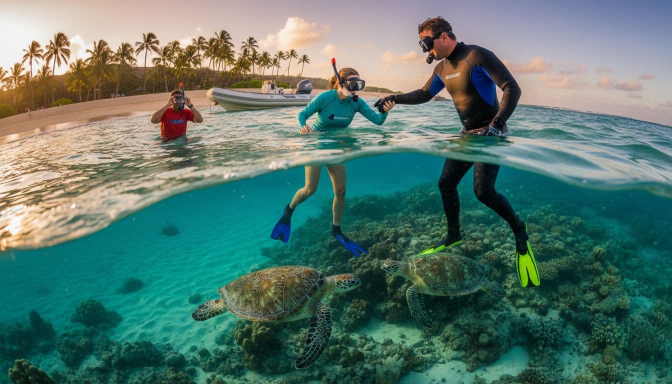 A professional snorkel guide assists two snorkelers entering clear turquoise ocean water near coral reefs with sea turtles swimming below, sunny Hawaiian beach in the background, cinematic golden hour lighting.