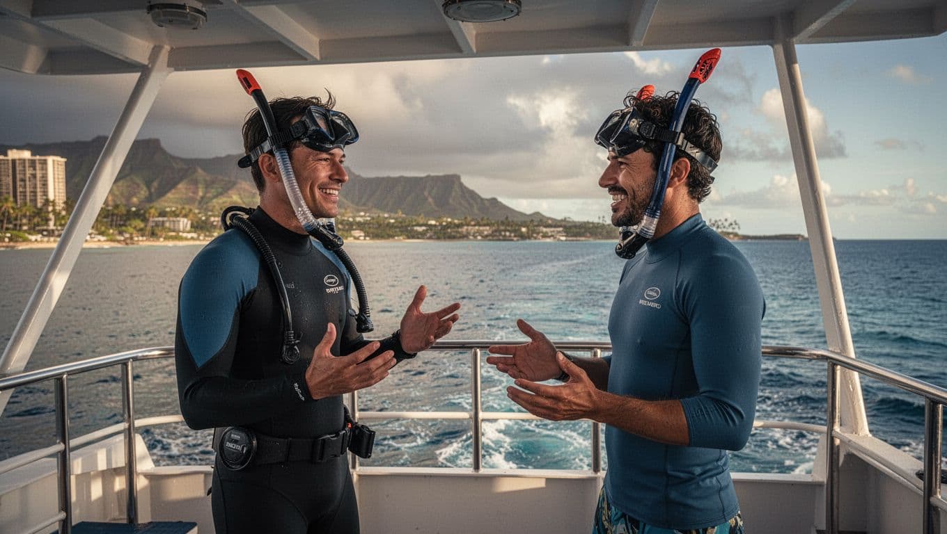 Snorkel guide on Waikiki boat deck faces smiling guest attentively, using simple hand gestures, ocean coastline behind.