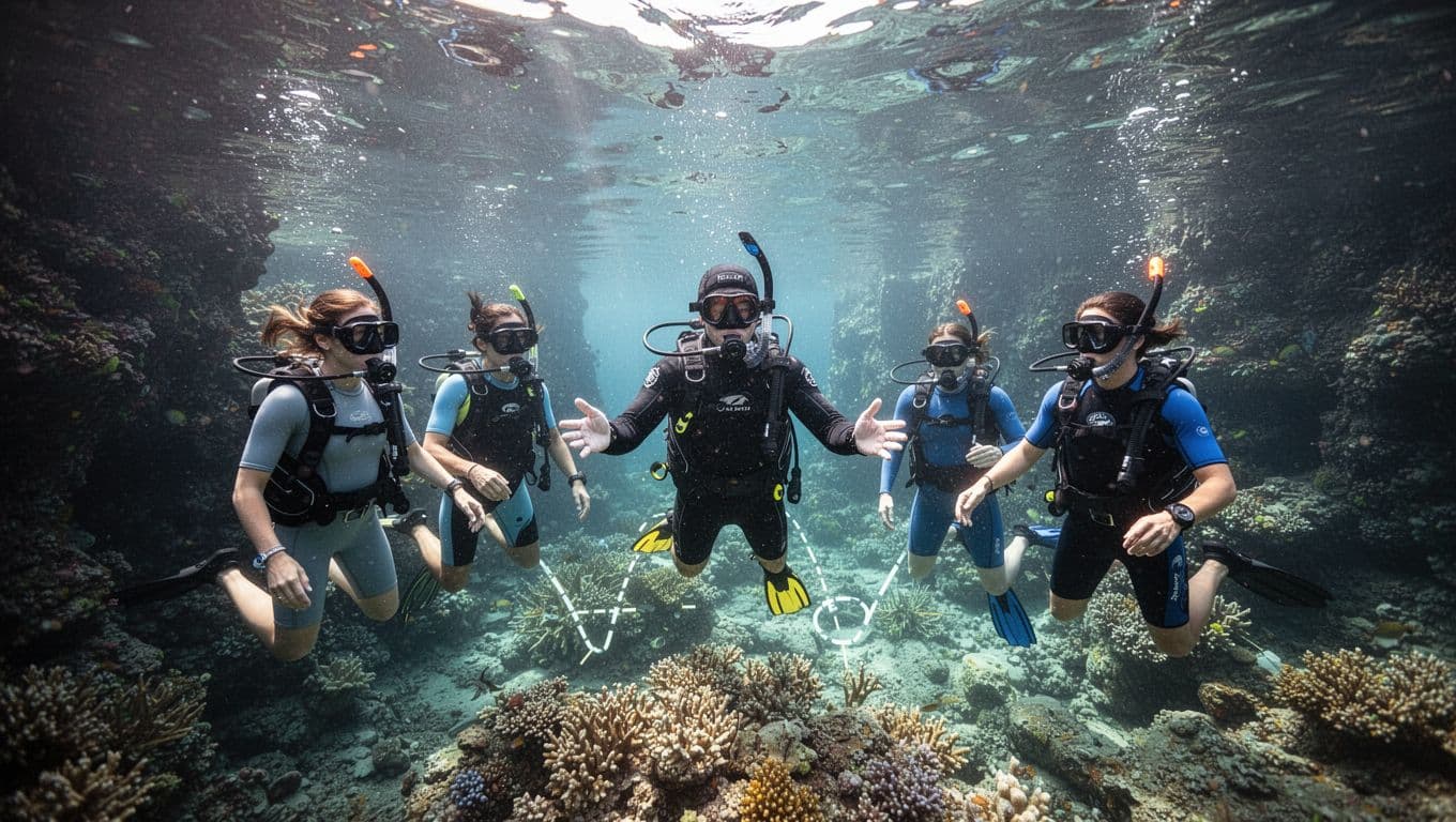 A professional snorkel guide in Turtle Canyon, Oahu, instructs three relaxed guests with masks on maintaining safe distances from sea turtles amid clear ocean waters, coral reefs, and dramatic cinematic lighting.