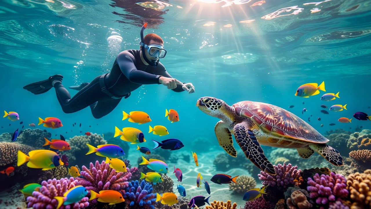 A professional guide in black snorkeling gear gestures toward a large sea turtle swimming gracefully through the vibrant reef. Brilliant sunbeams penetrate the clear blue surface to illuminate the tropical scenery.