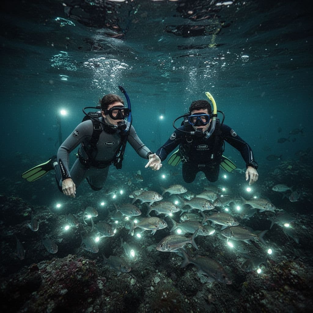A guide in a wetsuit gestures underwater to support a swimmer during a nighttime excursion.