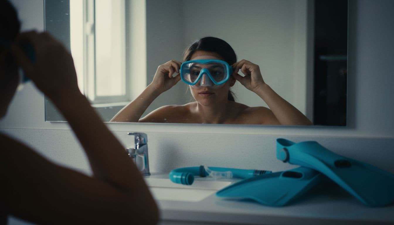 Hands adjust snorkel mask strap on face before bathroom mirror, fins and snorkel on counter.