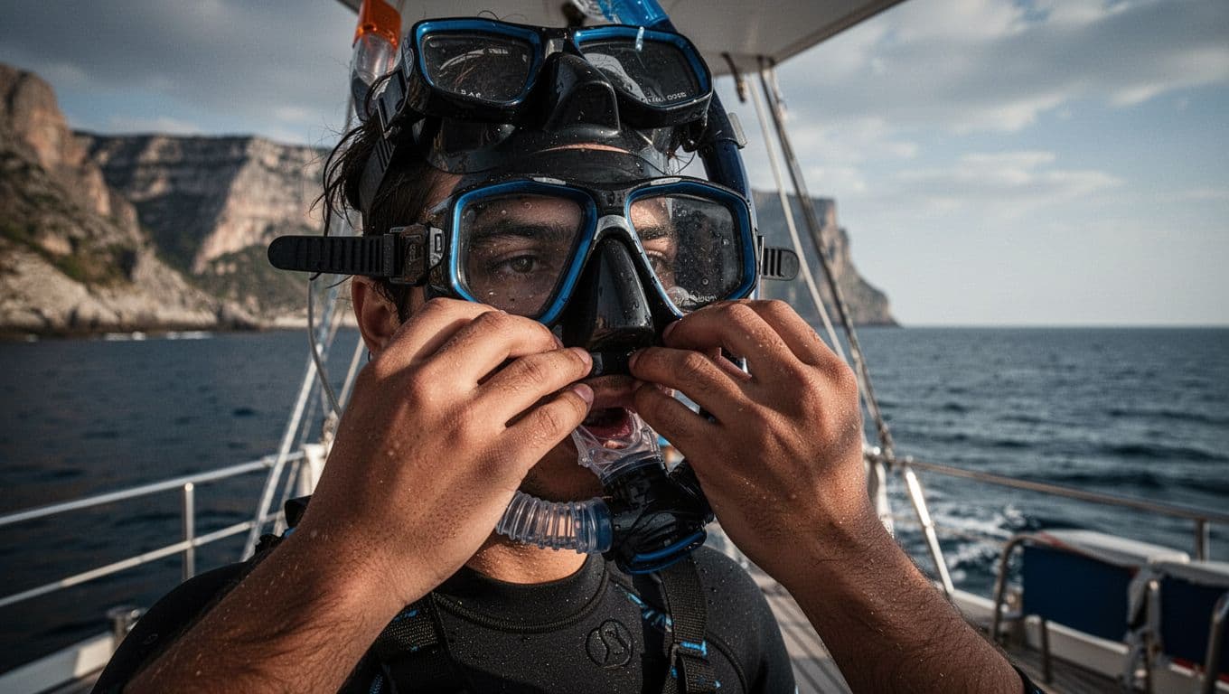 Hands adjust snorkel mask strap on partial face aboard boat deck overlooking Kealakekua Bay ocean and cliffs.