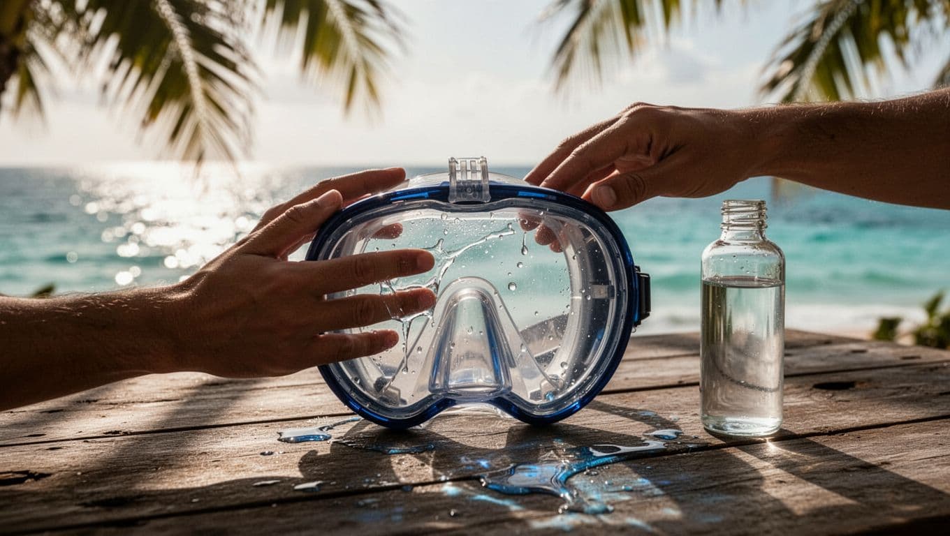 Close-up of two relaxed hands applying a thin layer of anti-fog solution inside a snorkel mask lens on a wooden table overlooking the turquoise Kona ocean, with morning sunlight filtering through palm leaves and a bottle nearby.
