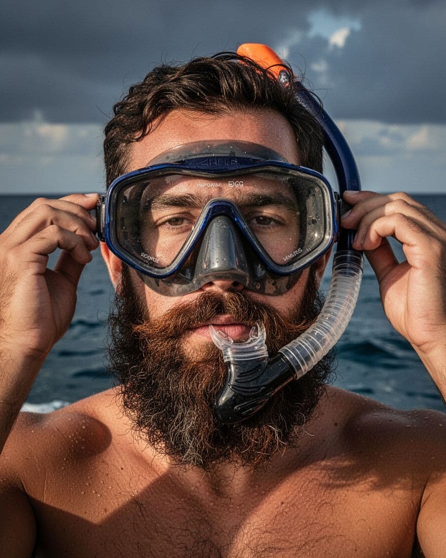 Close-up portrait of a man with thick beard fitting a snorkel mask tightly for perfect seal, silicone skirt compressing beard, ocean horizon behind in cinematic style with dramatic lighting.