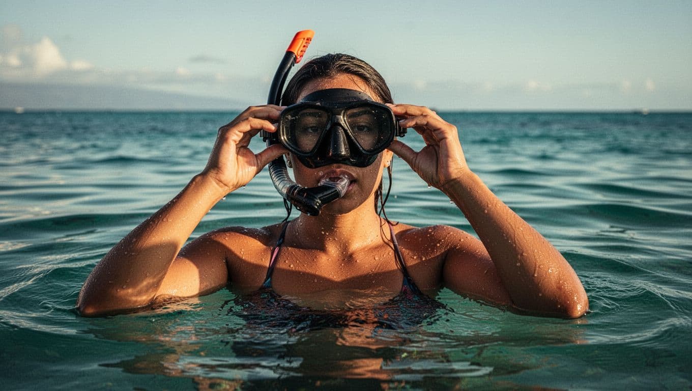 Close-up of a snorkeler's face above calm Big Island Hawaii ocean waters, carefully fitting snorkel mask for a proper seal with focused expression and relaxed hands, cinematic dramatic side lighting and strong contrast.