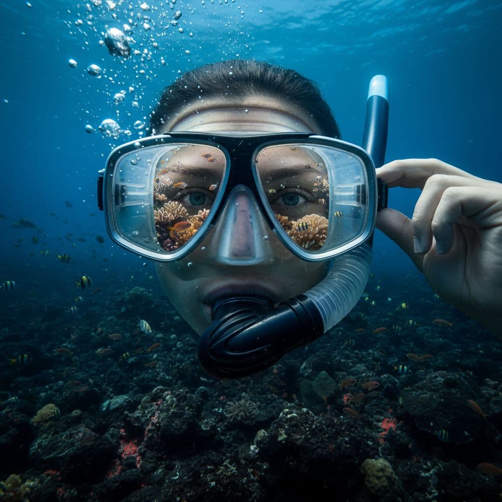 Close-up of snorkel mask fitting over glasses underwater shows clear reef and fish through lens with hand adjusting strap on volcanic floor.