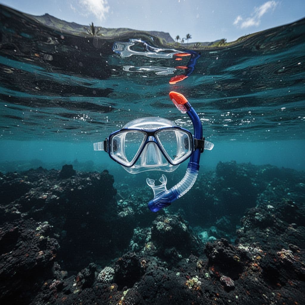 Snorkel mask and tube float on calm turquoise water with underwater volcanic shadows and surface sunlight.