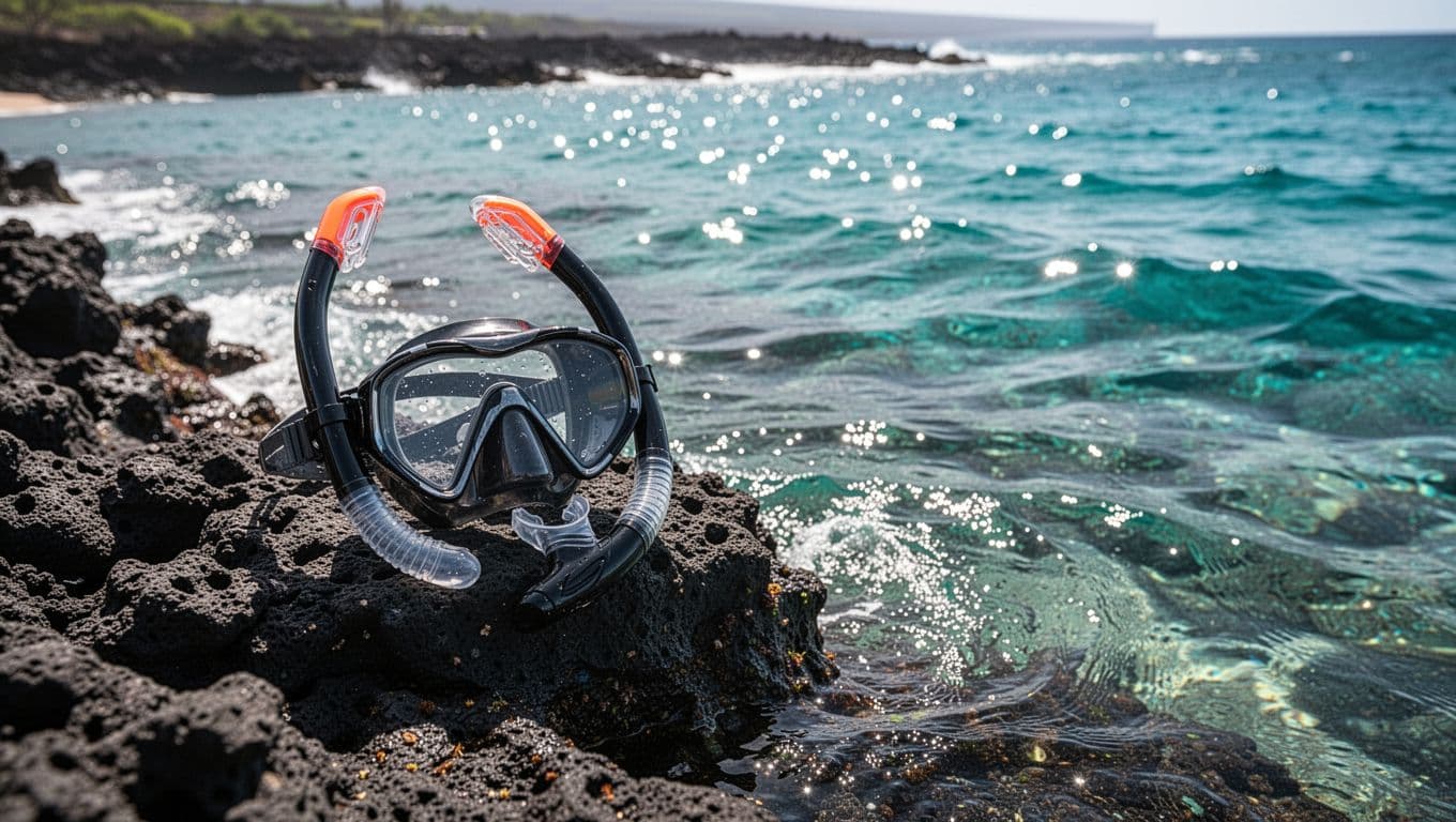 A high-quality transparent snorkel mask rests upon textured black volcanic rock. The crystal clear, vibrant blue ocean water sparkles in the background under bright, dramatic sunlight at a Kona beach.