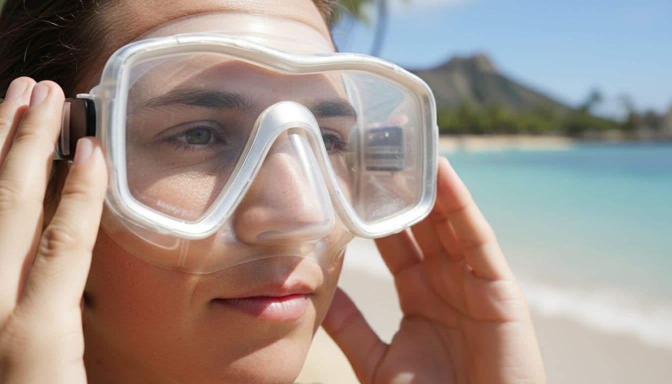 Close-up of one person's face testing a snorkel mask fit by pressing it against cheeks, nose, and forehead without the strap for a tight seal, in bright natural Waikiki beach light with blurred ocean background.