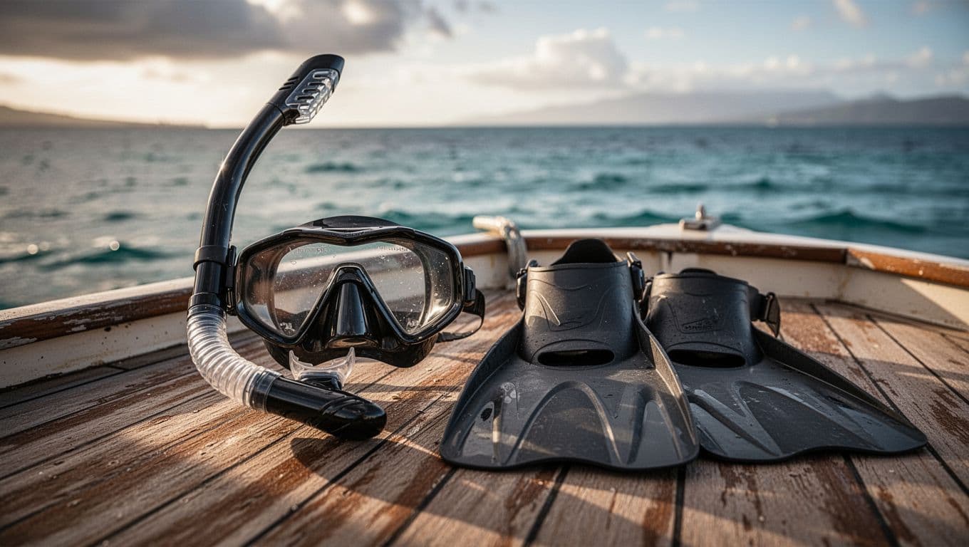Snorkel mask, curved tube, and adjustable fins arranged on wooden boat deck with blurred ocean horizon.