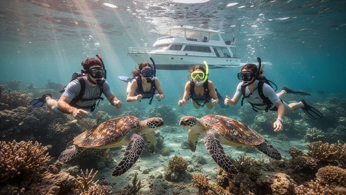 Diverse group of snorkelers including two professional guides and two guests float relaxed on the surface at a sunny reef, observing sea turtles below in clear turquoise waters with a double-decker boat anchored nearby. Cinematic style features strong contrast, depth, and dramatic lighting.