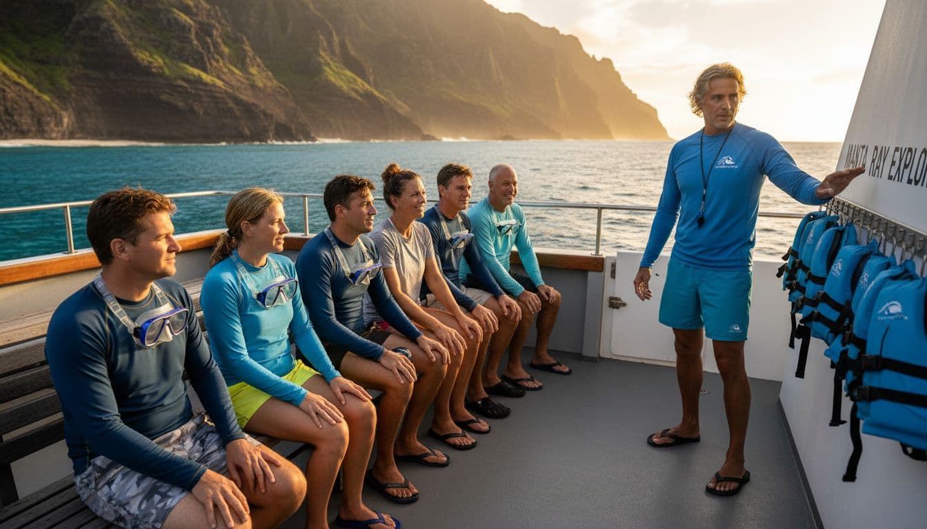 Eight diverse snorkelers sit attentively on boat deck as guide gestures to whistle and life vests, ocean cliffs behind.