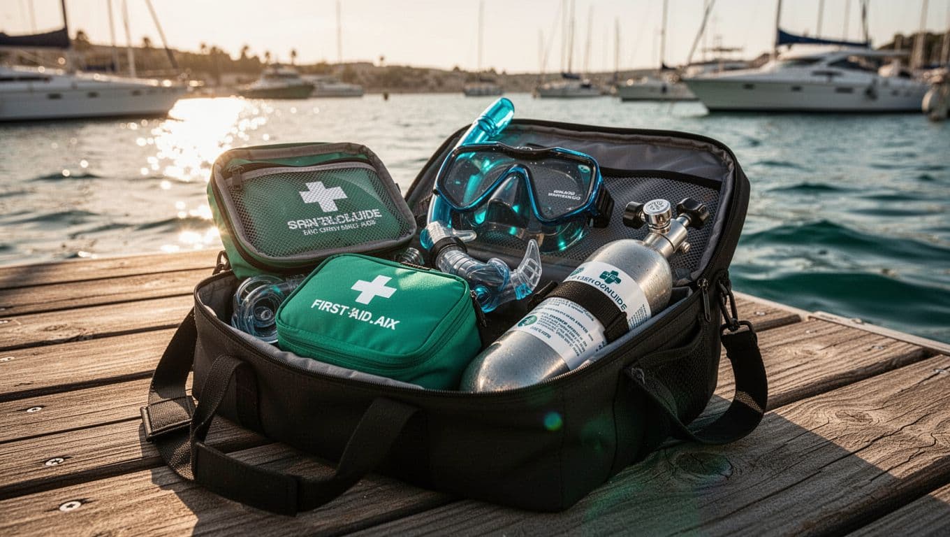 A close-up view features an orange first aid kit resting atop a silver oxygen tank inside a durable equipment bag. The marine setting features vibrant cyan water glinting in the background.