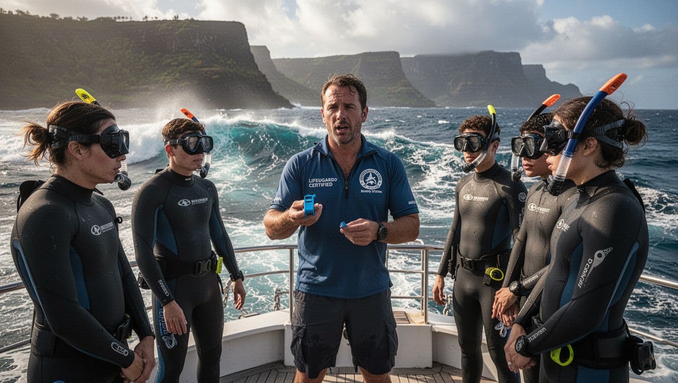 Lifeguard guide on boat shows whistle signal to four snorkelers, ocean waves and volcanic cliffs behind.