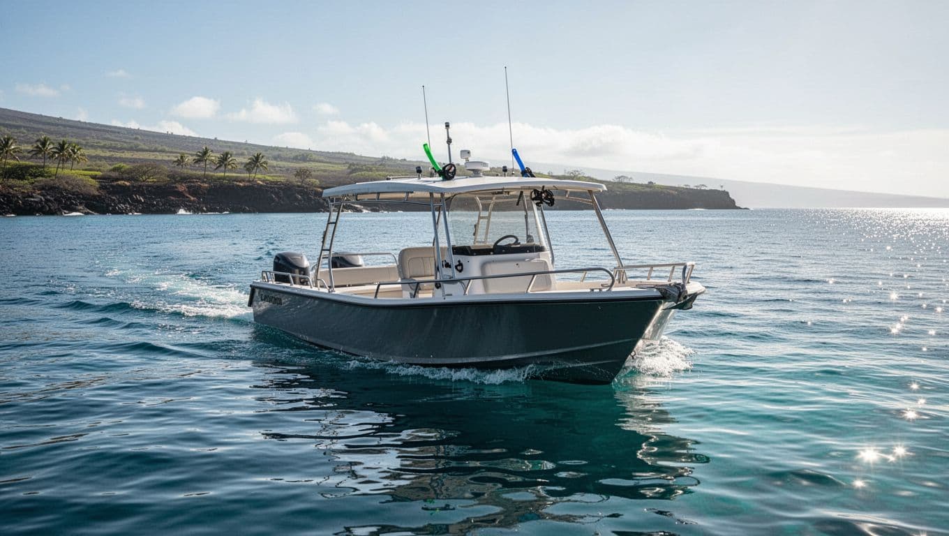 A sleek, modern white vessel with vibrant cyan accents glides across deep blue Hawaiian coastal waters. The boat moves steadily toward the horizon under a clear, bright tropical summer sky.