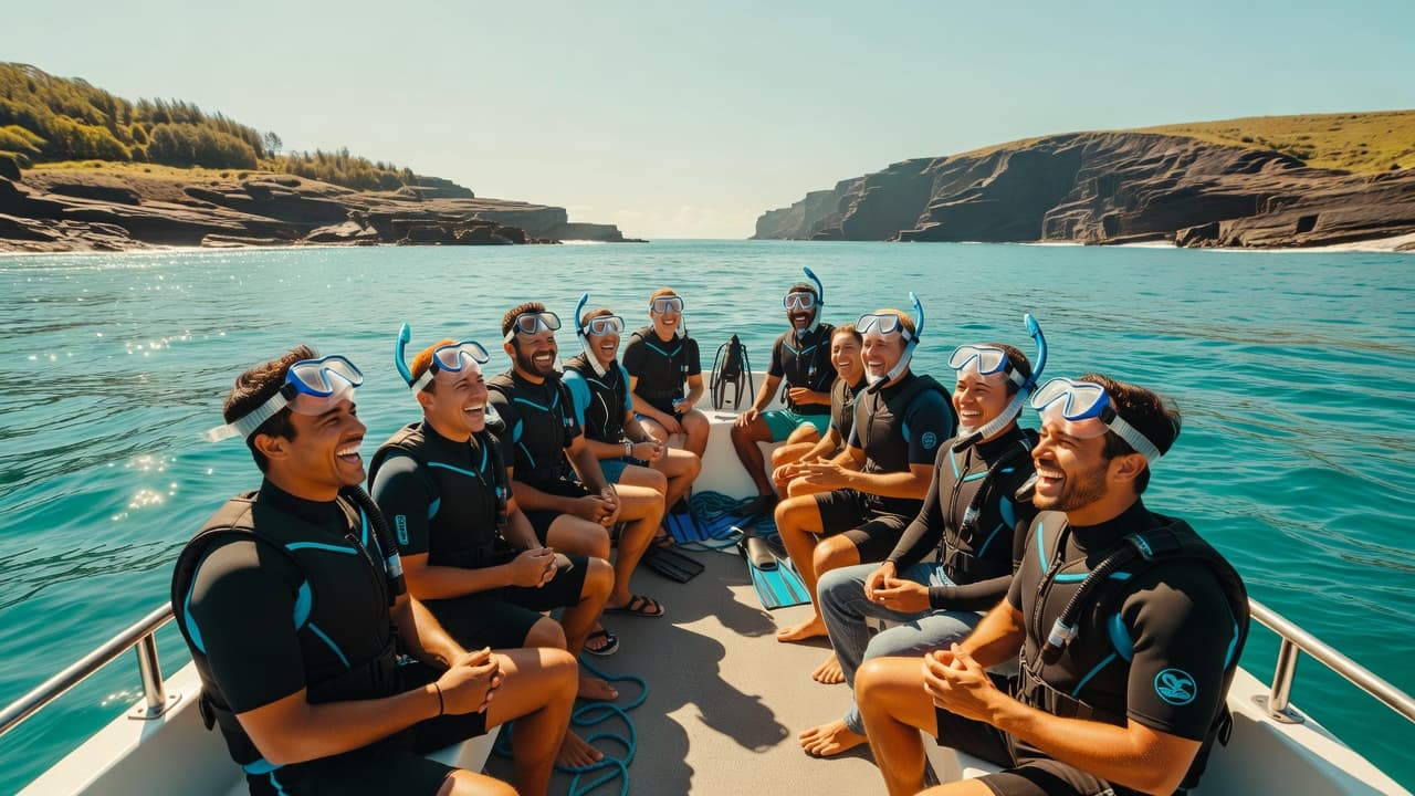 A diverse group of travelers sits on a wooden boat deck wearing bright vests and masks. Beyond the boat, turquoise water stretches toward distant coastal cliffs under a brilliant sun.