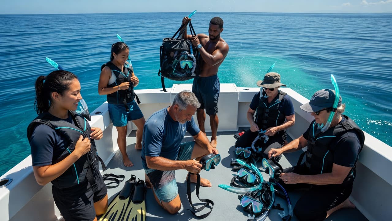 A group of people adjusting their snorkeling equipment on a boat deck in Hawaii.