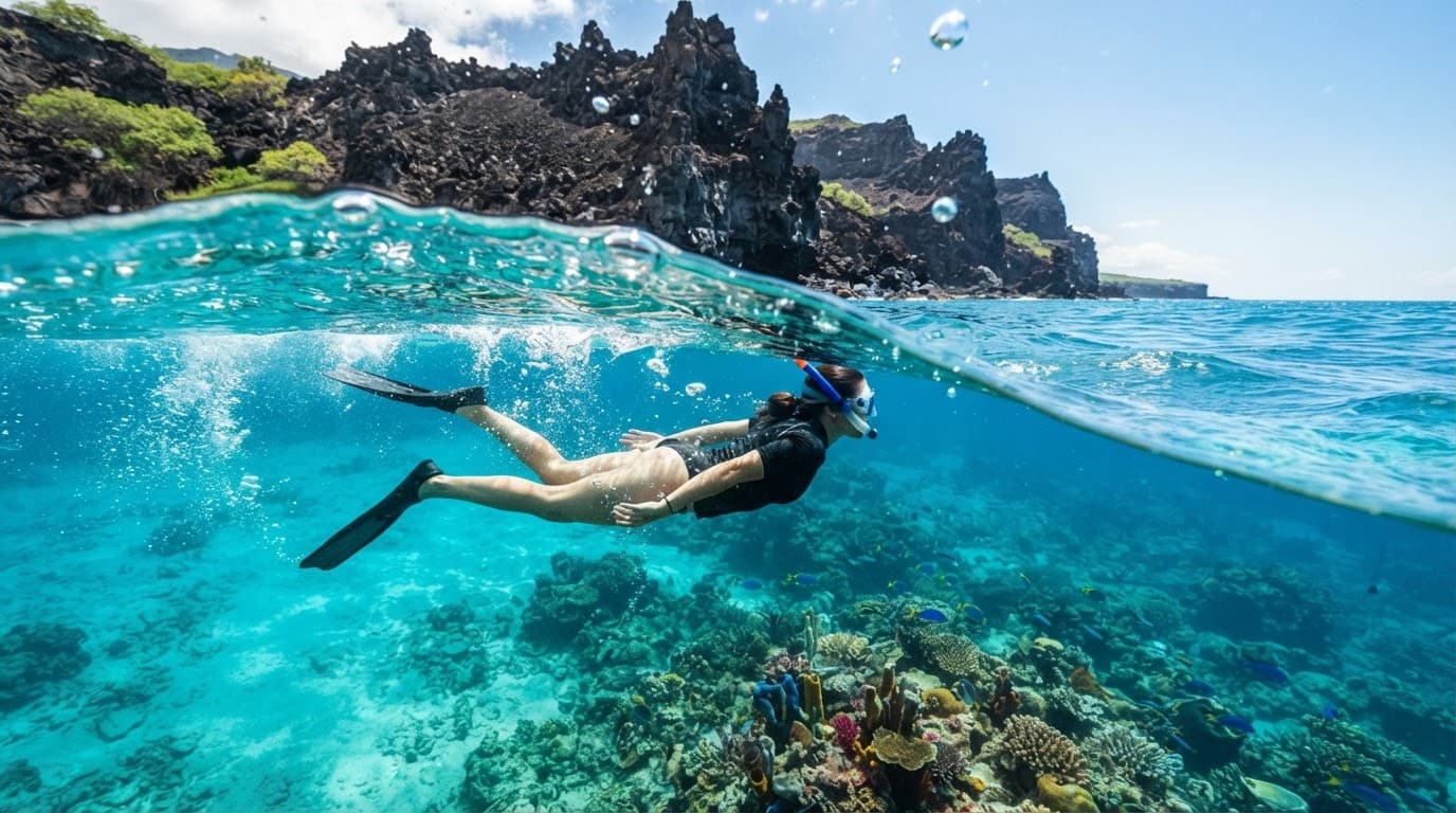 A person with a snorkel mask swimming in clear turquoise water near a volcanic shore.