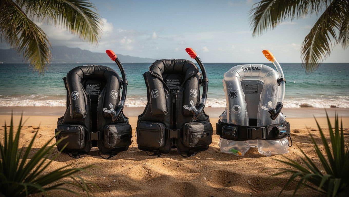 Close-up of three snorkel vest styles—horse collar, jacket, and belt pack—shown inflated and uninflated side by side on a sandy Oahu beach with ocean horizon and palm fronds in cinematic style.
