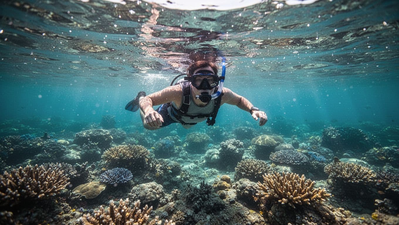 A snorkeler floats above a coral reef in clear blue water.
