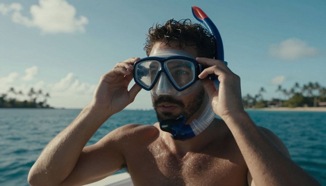 A man stands on a wooden boat deck, carefully checking the seal of his snorkel mask. The bright Hawaiian coastline shimmers in the background under brilliant, warm afternoon sunlight.