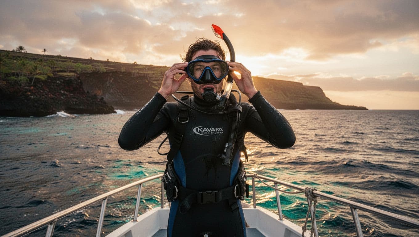 Snorkeler relaxes hands while adjusting mask strap on face aboard boat, ocean sunset horizon and volcanic Kona coastline behind.