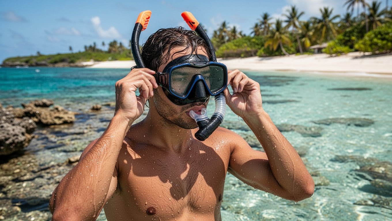 Close-up of a snorkeler's hands gently adjusting the snorkel mask strap on their face before entering clear turquoise ocean water near Oahu reef, upper body with wet skin and hair, sunny tropical beach background.