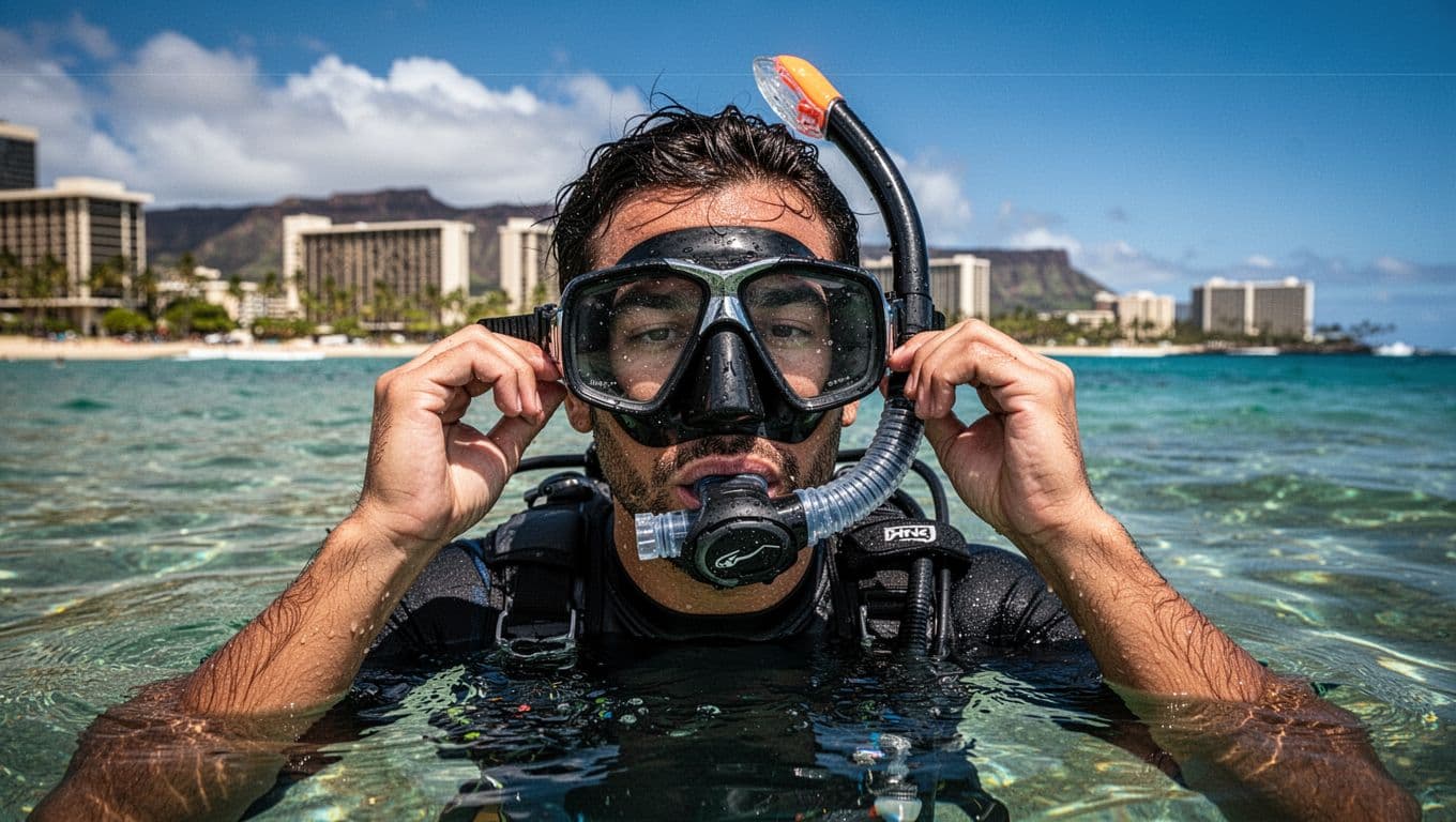 A focused snorkeler relaxes hands on straps while adjusting prescription snorkel mask above clear Oahu ocean waters, Waikiki shoreline in distant background, cinematic dramatic lighting.